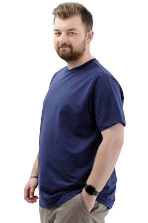 Mode XL Büyük Beden Erkek T-Shirt Basic Likralı Bisiklet Yaka Tişört SPORTS U24074 İndigo