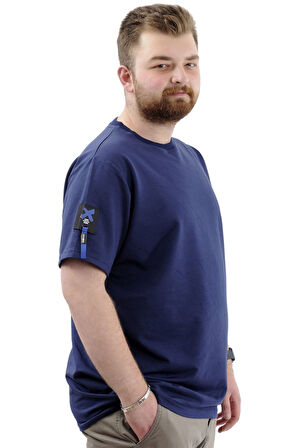 Mode XL Büyük Beden Erkek T-Shirt Basic Likralı Bisiklet Yaka Tişört SPORTS U24074 İndigo