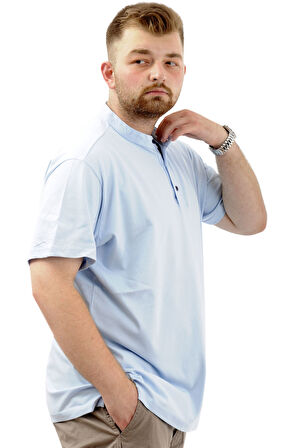Mode XL Büyük Beden Erkek Tişört Düğmeli Hakim Yaka T-Shirt U24339 Mavi