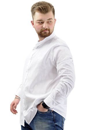 Mode XL Büyük Beden Erkek Gömlek Uzun Kol Likralı Keten Gömlek U20385 Beyaz