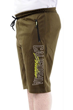 Mode XL Büyük Beden Erkek Kapri Şort Baskılı CALIFORNIA 24503 Haki