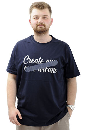 Mode XL Büyük Beden Erkek Tişört Baskılı Pamuklu Bisiklet Yaka CREATE U24079 Lacivert