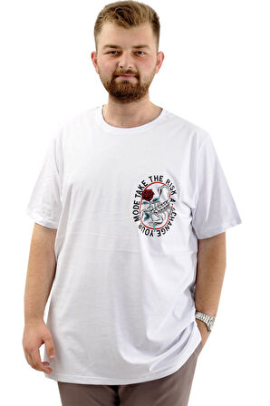 Mode XL Büyük Beden Erkek Tişört Baskılı Bisiklet Yaka Pamuklu CHANGE U24084 Beyaz