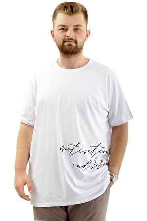 Mode XL Battal Beden Erkek Pamuklu T-Shirt Yumuşak Dokulu Baskılı BELIEF U24085 Beyaz
