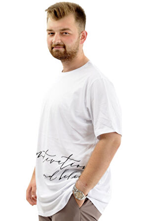 Mode XL Battal Beden Erkek Pamuklu T-Shirt Yumuşak Dokulu Baskılı BELIEF U24085 Beyaz