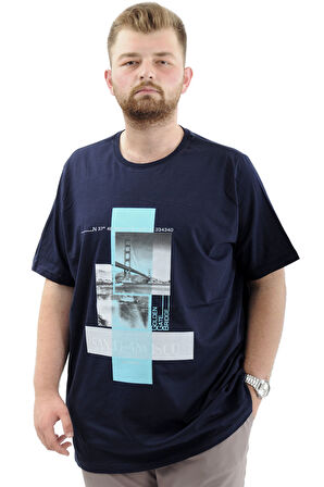 Mode XL Battal Beden Erkek Pamuklu T-Shirt Yumuşak Dokulu Baskılı FRANCISCO U24086 Lacivert