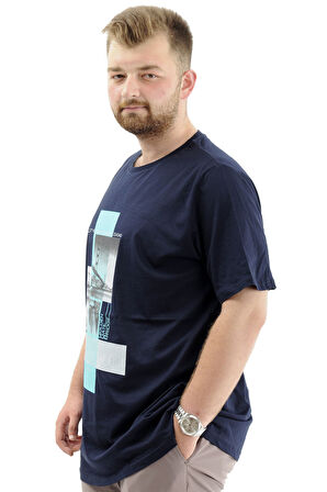 Mode XL Battal Beden Erkek Pamuklu T-Shirt Yumuşak Dokulu Baskılı FRANCISCO U24086 Lacivert