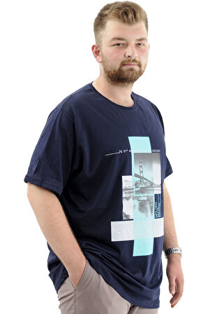 Mode XL Battal Beden Erkek Pamuklu T-Shirt Yumuşak Dokulu Baskılı FRANCISCO U24086 Lacivert