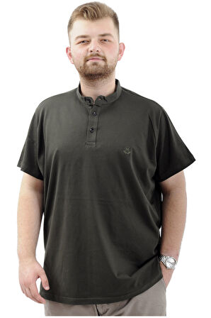 Mode XL Büyük Beden Erkek Tişört Düğmeli Hakim Yaka T-Shirt U24339 Haki