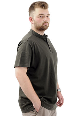 Mode XL Büyük Beden Erkek Tişört Düğmeli Hakim Yaka T-Shirt U24339 Haki