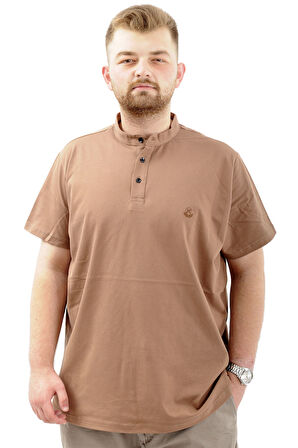 Mode XL Büyük Beden Erkek Tişört Düğmeli Hakim Yaka T-Shirt U24339 Sütlü Kahve