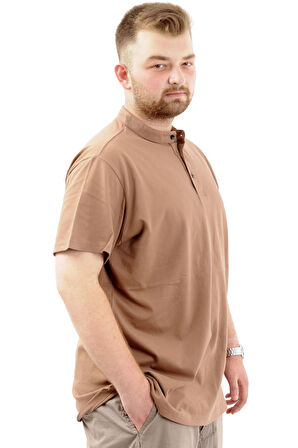 Mode XL Büyük Beden Erkek Tişört Düğmeli Hakim Yaka T-Shirt U24339 Sütlü Kahve