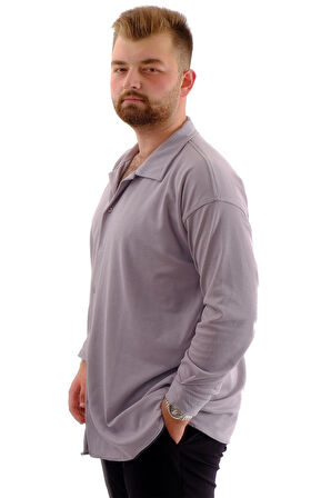 Mode XL Büyük Beden Erkek Gömlek Apas Yaka Uzun Kol JAKAR U24381 Gri