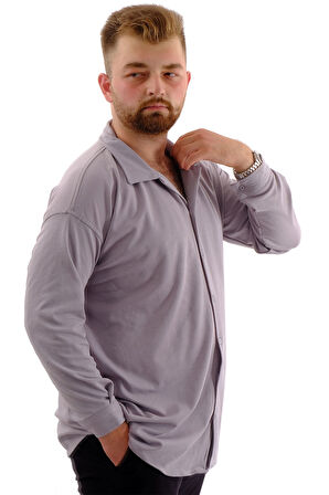 Mode XL Büyük Beden Erkek Gömlek Apas Yaka Uzun Kol JAKAR U24381 Gri
