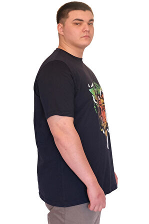 Mode XL Büyük Beden Erkek T-Shirt Bisiklet Yaka TIGER Baskılı U25007 Lacivert