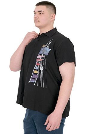 Mode XL Büyük Beden Erkek T-Shirt Polo Flag U25304 Siyah