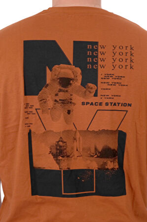 Mode XL Büyük Beden Erkek T-Shirt Bisiklet Yaka Space U25018 Tarçın