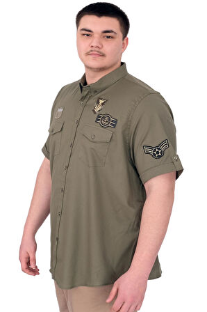 Mode XL Büyük Beden Erkek Gömlek Çift Cep Kapaklı Gabardin U25601 Haki