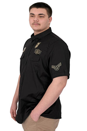 Mode XL Büyük Beden Erkek Gömlek Çift Cep Kapaklı Gabardin U25601 Siyah