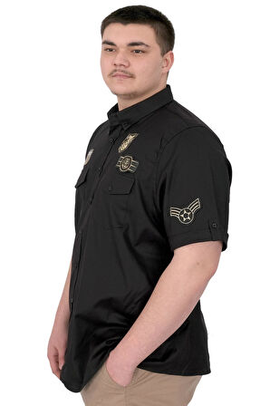 Mode XL Büyük Beden Erkek Gömlek Çift Cep Kapaklı Gabardin U25601 Siyah