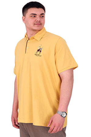 Mode XL Büyük Beden Erkek T-Shirt Polo Yaka Nakış Detaylı U25311 Hardal