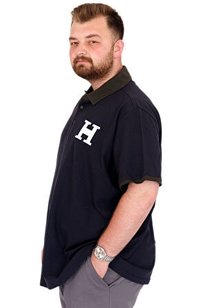 Mode XL Büyük Beden Erkek T-Shirt Polo Yaka H BROUDED U25312 Lacivert