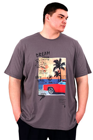 Mode XL Büyük Beden Erkek Baskılı T-Shirt Palm Dream U25026 Füme