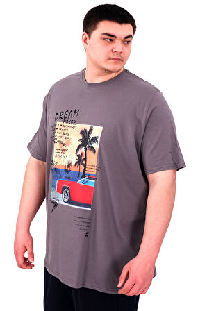 Mode XL Büyük Beden Erkek Baskılı T-Shirt Palm Dream U25026 Füme
