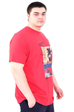 Mode XL Büyük Beden Erkek Baskılı T-Shirt Palm Dream U25026 Kırmızı