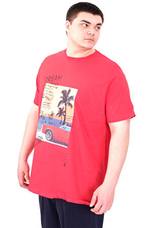 Mode XL Büyük Beden Erkek Baskılı T-Shirt Palm Dream U25026 Kırmızı