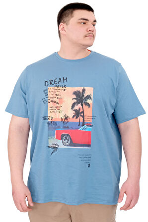 Mode XL Büyük Beden Erkek Baskılı T-Shirt Palm Dream U25026 Mavi