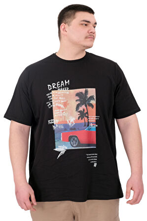 Mode XL Büyük Beden Erkek Baskılı T-Shirt Palm Dream U25026 Siyah