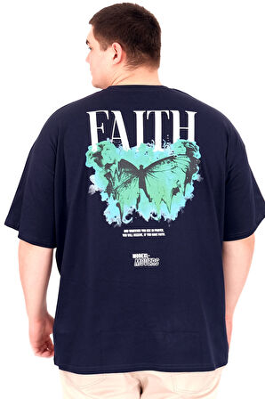 Mode XL Büyük Beden Erkek T-Shirt Bisiklet Yaka FAITH U25030 Lacivert