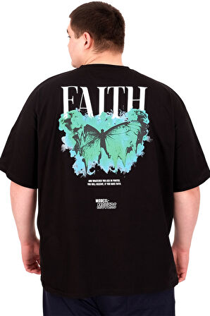Mode XL Büyük Beden Erkek T-Shirt Bisiklet Yaka FAITH U25030 Siyah