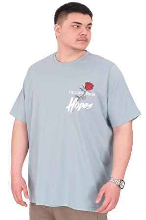Mode XL Büyük Beden Erkek T-Shirt Bisiklet Yaka ROSE U25032 Mavi