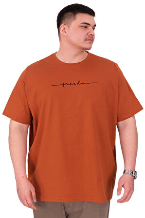 Mode XL Büyük Beden Erkek T-Shirt Bisiklet Yaka FREEDOM U25033 Tarçın