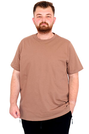 Mode XL Büyük Beden Erkek T-Shirt Bisiklet Yaka Basic U25162 Sütlü Kahve