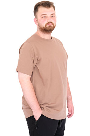 Mode XL Büyük Beden Erkek T-Shirt Bisiklet Yaka Basic U25162 Sütlü Kahve