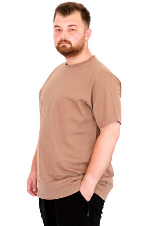 Mode XL Büyük Beden Erkek T-Shirt Bisiklet Yaka Basic U25162 Sütlü Kahve