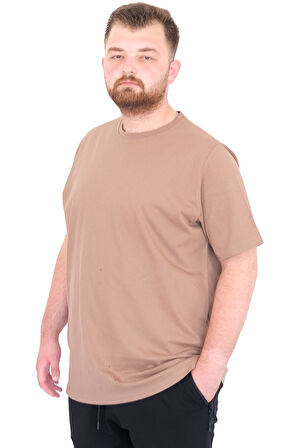 Mode XL Büyük Beden Erkek T-Shirt Bisiklet Yaka Basic U25162 Sütlü Kahve