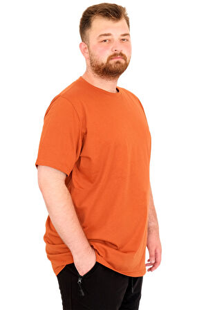 Mode XL Büyük Beden Erkek T-Shirt Bisiklet Yaka Basic U25162 Tarçın