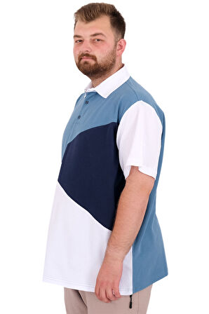 Mode XL Büyük Beden Erkek T-Shirt Polo Yaka Parçalı 25313 Mavi