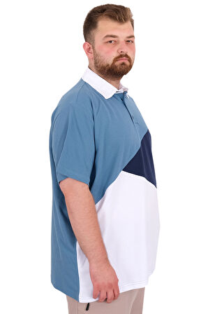 Mode XL Büyük Beden Erkek T-Shirt Polo Yaka Parçalı 25313 Mavi