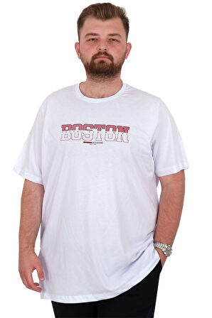 Mode XL Büyük Beden Erkek T-Shirt Bisiklet Yaka BOSTON U25037 Beyaz
