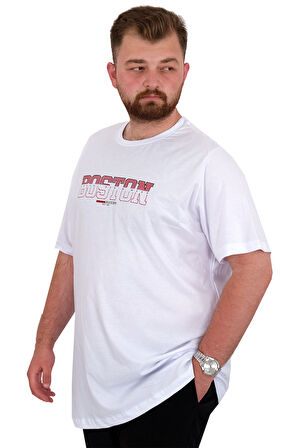 Mode XL Büyük Beden Erkek T-Shirt Bisiklet Yaka BOSTON U25037 Beyaz