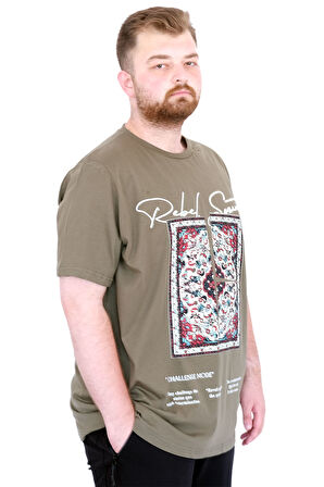 Mode XL Büyük Beden Erkek T-Shirt Bisiklet Yaka REBEL U25039 Haki