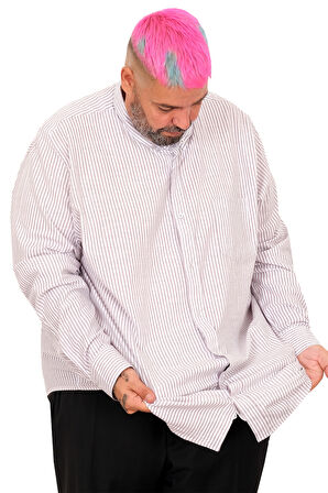 Mode XL Battal Beden Erkek Keten Çizgili Gömlek 20384