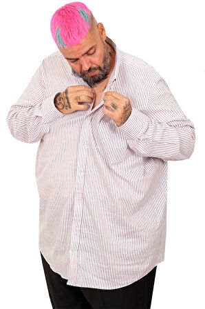 Mode XL Battal Beden Erkek Keten Çizgili Gömlek 20384