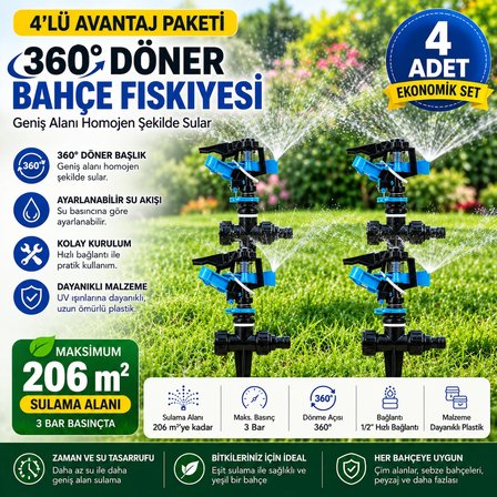 4'lü 360 Derece Döner Bahçe Fıskiyesi Seti 206 m² Sulama Alanı Ayarlanabilir Çim Sulama Sprinkleri