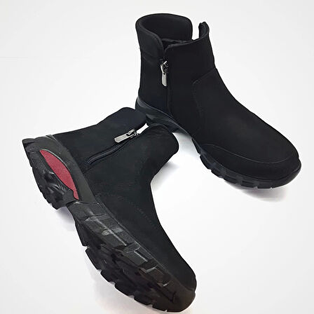 Comfort Taban Nubuk Deri Kadın Bot Çift Fermuar Siyah